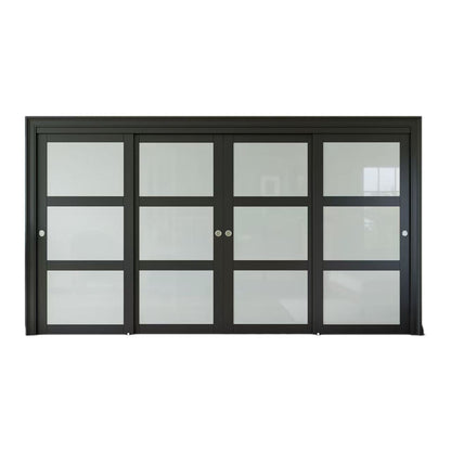 CRUTOP Sliding Closet Door, Fingerprint-Resistant 3-Lite Tempered Frosted Glass with Good Privacy & Water-Resistant Frame, Build Quality ( Pre-assembled Panels with Hardware Kit)，Black