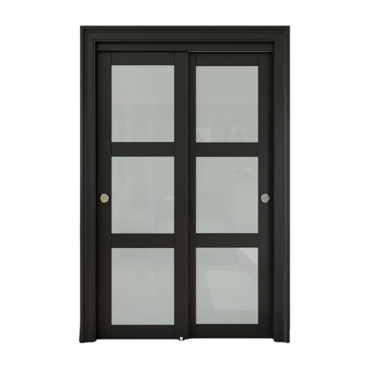 CRUTOP Sliding Closet Door, Fingerprint-Resistant 3-Lite Tempered Frosted Glass with Good Privacy & Water-Resistant Frame, Build Quality ( Pre-assembled Panels with Hardware Kit)，Black