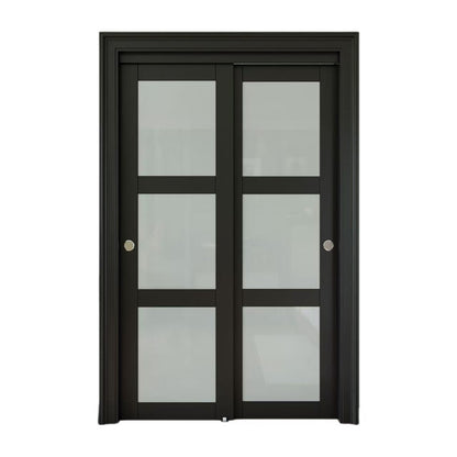 CRUTOP Sliding Closet Door, Fingerprint-Resistant 3-Lite Tempered Frosted Glass with Good Privacy & Water-Resistant Frame, Build Quality ( Pre-assembled Panels with Hardware Kit)，Black