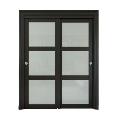 CRUTOP Sliding Closet Door, Fingerprint-Resistant 3-Lite Tempered Frosted Glass with Good Privacy & Water-Resistant Frame, Build Quality ( Pre-assembled Panels with Hardware Kit)，Black