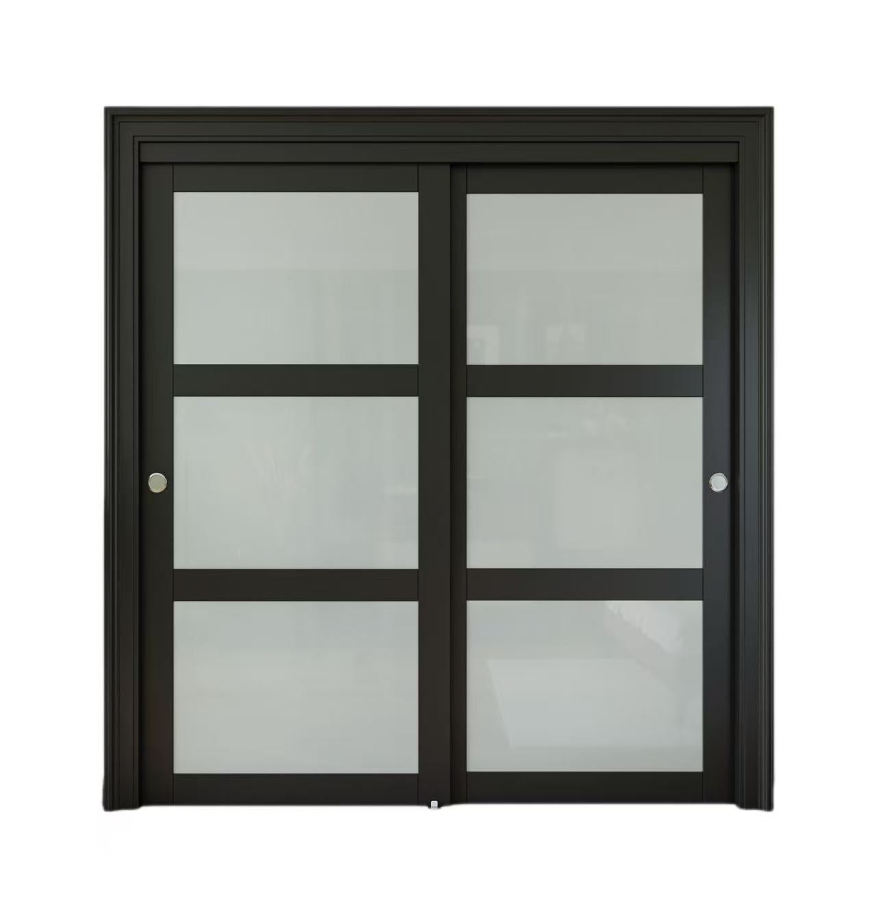CRUTOP Sliding Closet Door, Fingerprint-Resistant 3-Lite Tempered Frosted Glass with Good Privacy & Water-Resistant Frame, Build Quality ( Pre-assembled Panels with Hardware Kit)，Black
