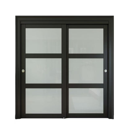 CRUTOP Sliding Closet Door, Fingerprint-Resistant 3-Lite Tempered Frosted Glass with Good Privacy & Water-Resistant Frame, Build Quality ( Pre-assembled Panels with Hardware Kit)，Black