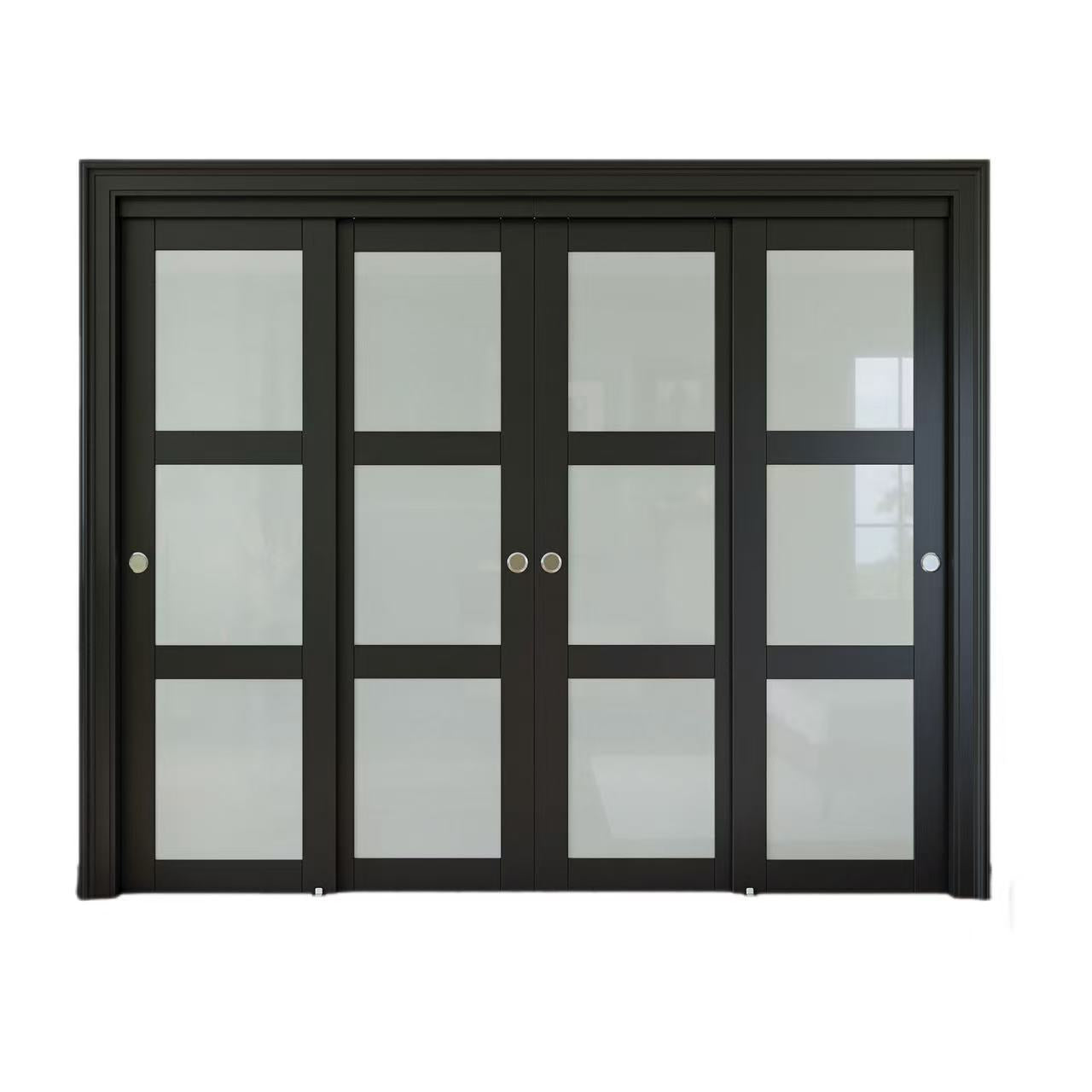 CRUTOP Sliding Closet Door, Fingerprint-Resistant 3-Lite Tempered Frosted Glass with Good Privacy & Water-Resistant Frame, Build Quality ( Pre-assembled Panels with Hardware Kit)，Black