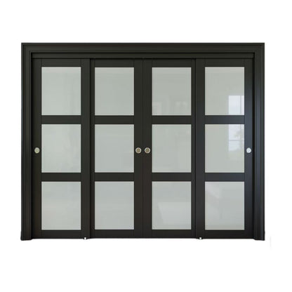 CRUTOP Sliding Closet Door, Fingerprint-Resistant 3-Lite Tempered Frosted Glass with Good Privacy & Water-Resistant Frame, Build Quality ( Pre-assembled Panels with Hardware Kit)，Black