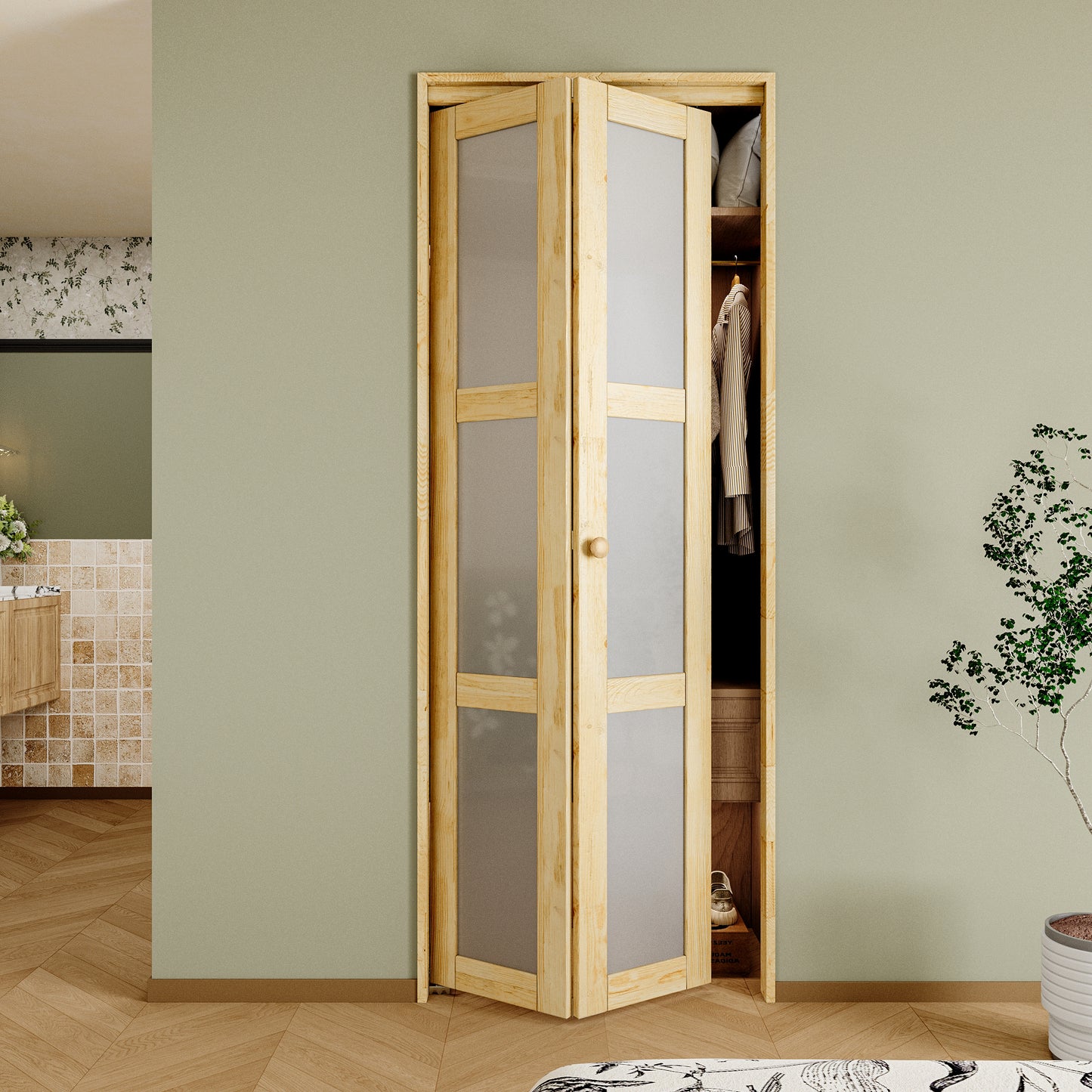 CRUTOP Bi-Fold Pivot Doors , 3-Lite Closet Door with Hardware Kit, MDF Panel Folding Interior Double Doors Easy to Install - Pine