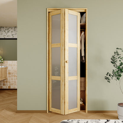 CRUTOP Bi-Fold Pivot Doors , 3-Lite Closet Door with Hardware Kit, MDF Panel Folding Interior Double Doors Easy to Install - Pine