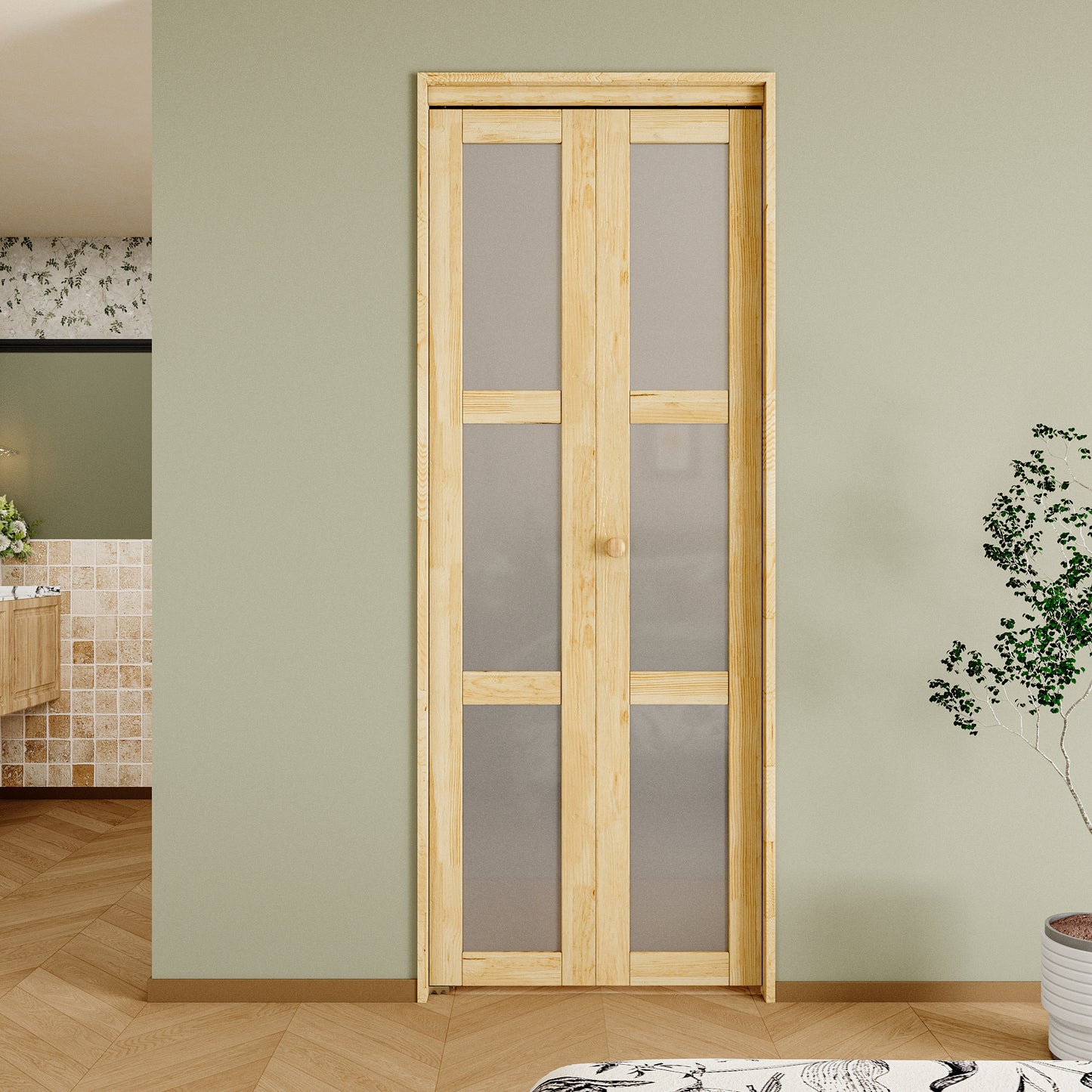 CRUTOP Bi-Fold Pivot Doors , 3-Lite Closet Door with Hardware Kit, MDF Panel Folding Interior Double Doors Easy to Install - Pine