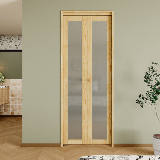 CRUTOP 1-Lite Frosted Glass Pane Wood Bifold Closet Door, Solid Core Pre-Assembled Panels with Water-Resistant Triple-Layer Painting, Build Quality ( Panels&Hardware&Fascia&Knob)