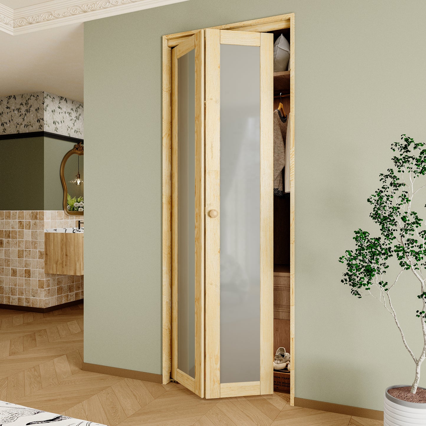 CRUTOP 1-Lite Frosted Glass Pane Wood Bifold Closet Door, Solid Core Pre-Assembled Panels with Water-Resistant Triple-Layer Painting, Build Quality ( Panels&Hardware&Fascia&Knob)