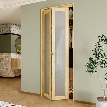 CRUTOP 1-Lite Frosted Glass Pane Wood Bifold Closet Door, Solid Core Pre-Assembled Panels with Water-Resistant Triple-Layer Painting, Build Quality ( Panels&Hardware&Fascia&Knob)