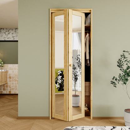 CRUTOP Bi-Fold Pivot Doors , One Side Mirror Closet Door with Hardware Kit, MDF Panel Folding Interior Double Doors Easy to Install - Pine