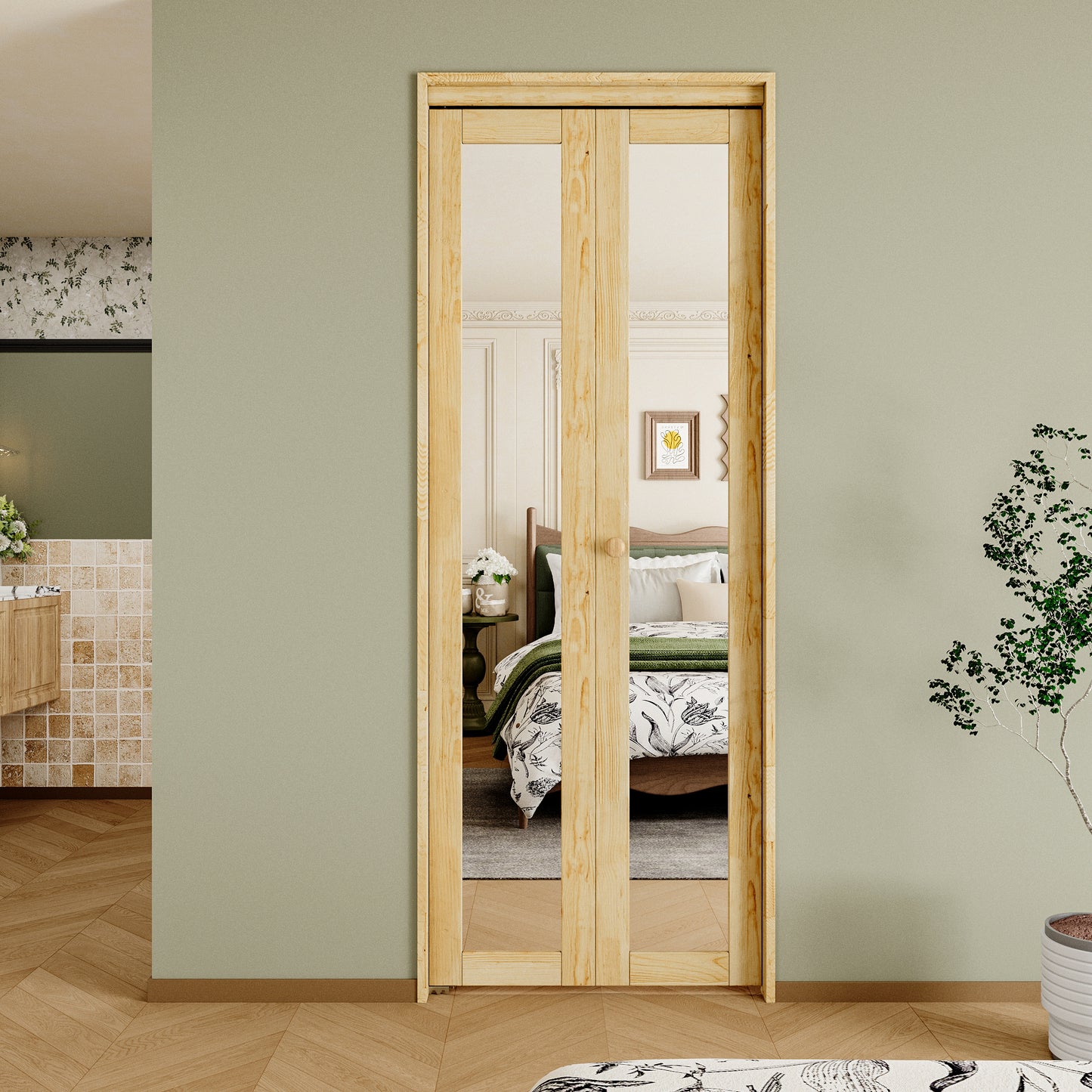 CRUTOP Bi-Fold Pivot Doors , One Side Mirror Closet Door with Hardware Kit, MDF Panel Folding Interior Double Doors Easy to Install - Pine