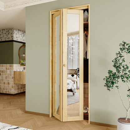 CRUTOP Bi-Fold Pivot Doors , One Side Mirror Closet Door with Hardware Kit, MDF Panel Folding Interior Double Doors Easy to Install - Pine