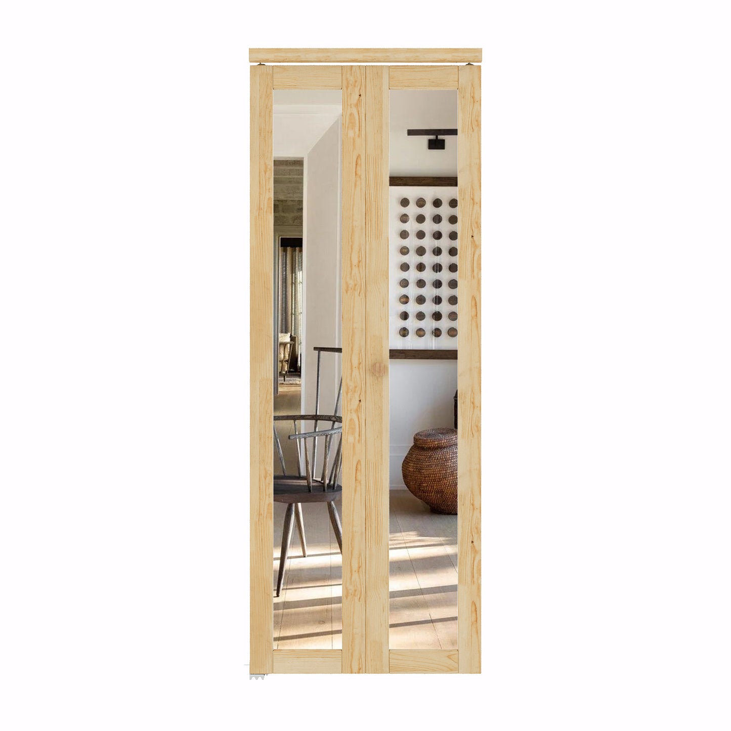 CRUTOP Bi-Fold Pivot Doors , One Side Mirror Closet Door with Hardware Kit, MDF Panel Folding Interior Double Doors Easy to Install - Pine