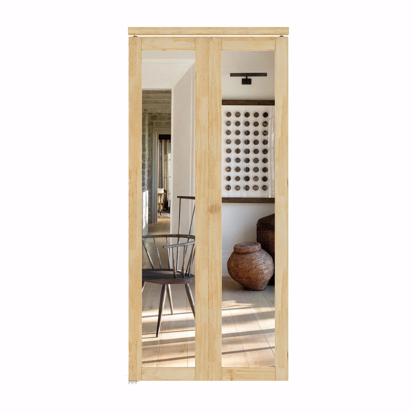 CRUTOP Bi-Fold Pivot Doors , One Side Mirror Closet Door with Hardware Kit, MDF Panel Folding Interior Double Doors Easy to Install - Pine