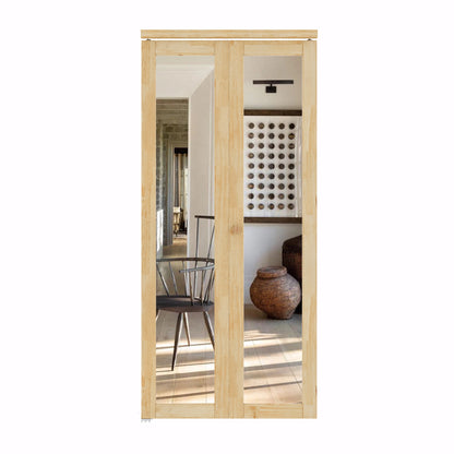 CRUTOP Bi-Fold Pivot Doors , One Side Mirror Closet Door with Hardware Kit, MDF Panel Folding Interior Double Doors Easy to Install - Pine