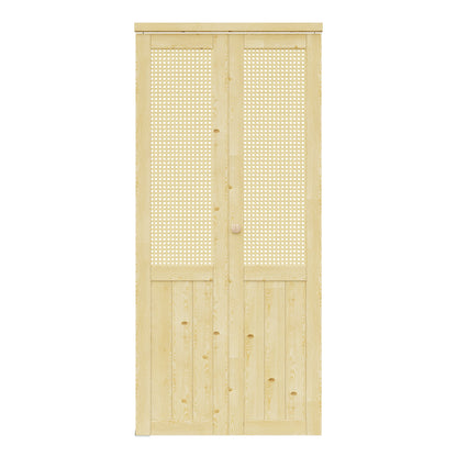 CRUTOP Bi-Fold Pivot Doors , Rattan Closet Door with Hardware Kit, MDF Panel Folding Interior Double Doors Easy to Install -  Pine