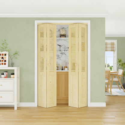 CRUTOP Rattan Bifold Closet Door, Cane Webbing Wood Interior Wicker Doors Slab, Build Quality Folding Barn Door ( Panels & Hardware & Fascia & Knob)，Pane