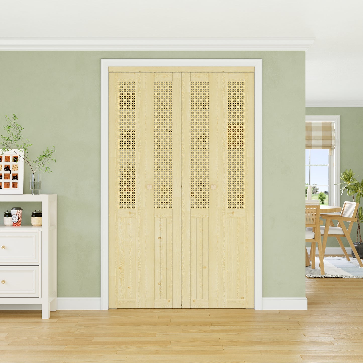 CRUTOP Rattan Bifold Closet Door, Cane Webbing Wood Interior Wicker Doors Slab, Build Quality Folding Barn Door ( Panels & Hardware & Fascia & Knob)，Pane