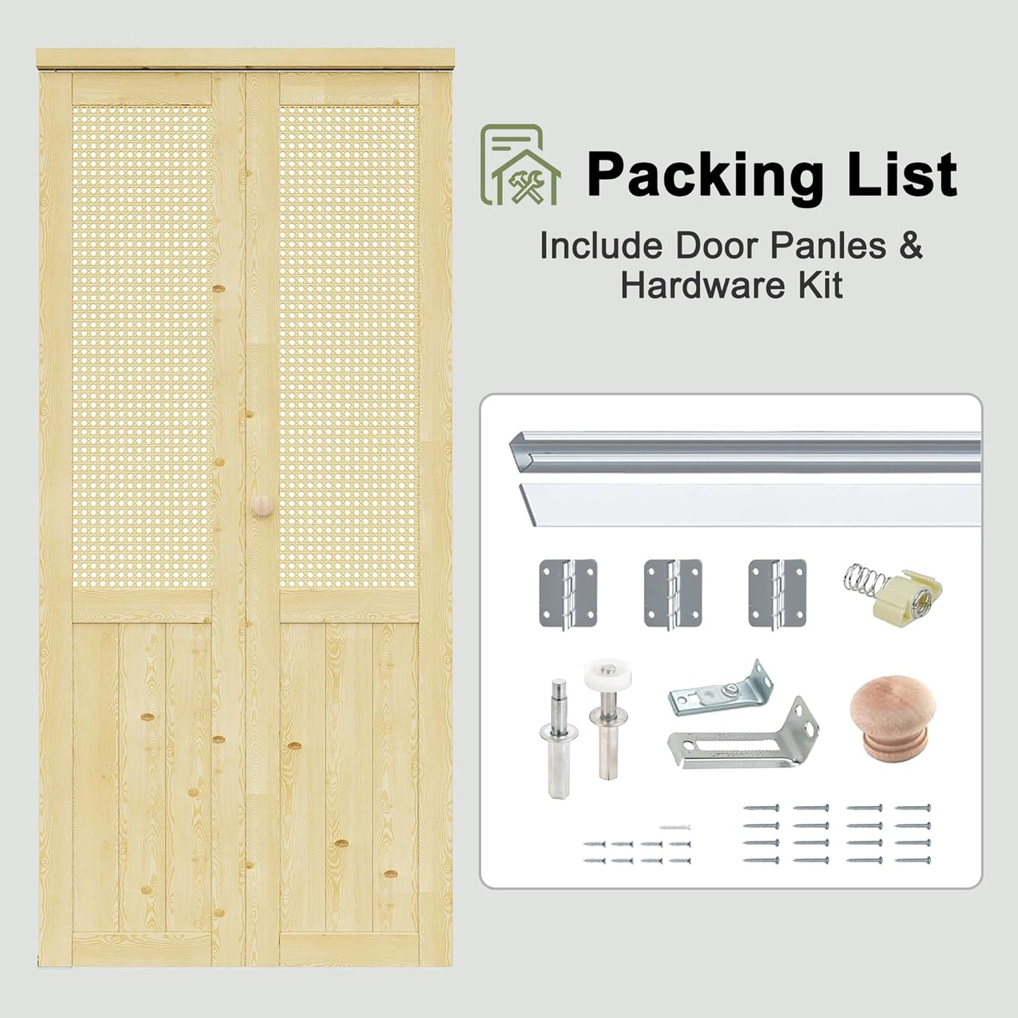 CRUTOP Rattan Bifold Closet Door, Cane Webbing Wood Interior Wicker Doors Slab, Build Quality Folding Barn Door ( Panels & Hardware & Fascia & Knob)，Pane