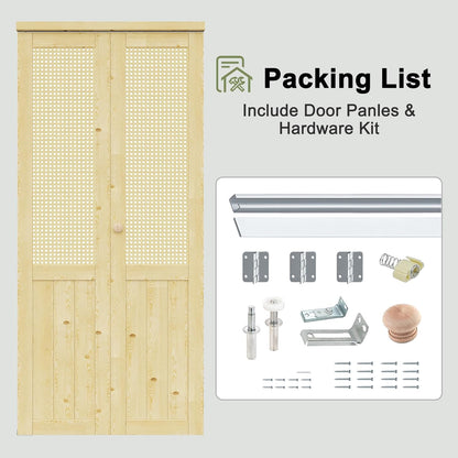 CRUTOP Rattan Bifold Closet Door, Cane Webbing Wood Interior Wicker Doors Slab, Build Quality Folding Barn Door ( Panels & Hardware & Fascia & Knob)，Pane