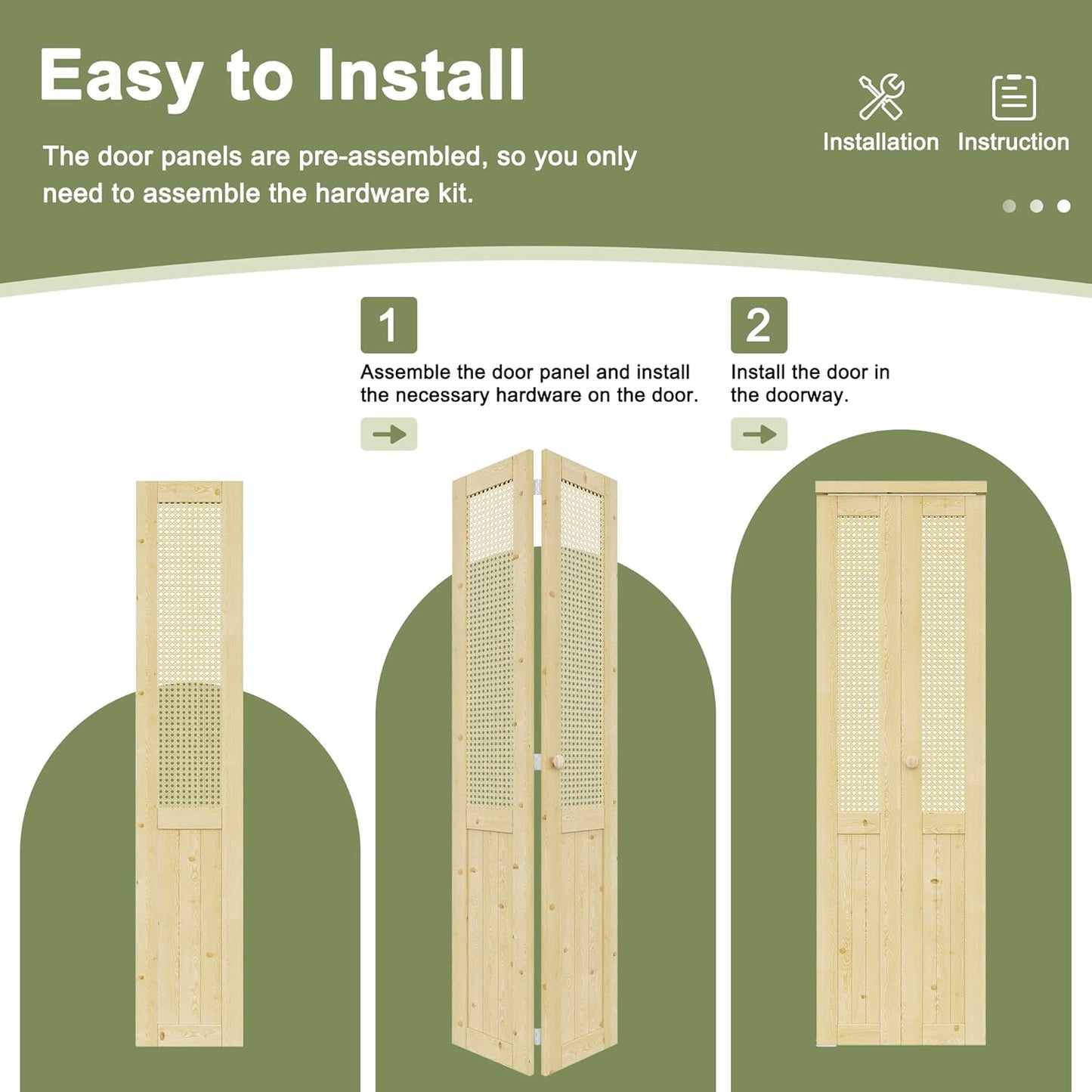 CRUTOP Rattan Bifold Closet Door, Cane Webbing Wood Interior Wicker Doors Slab, Build Quality Folding Barn Door ( Panels & Hardware & Fascia & Knob)，Pane