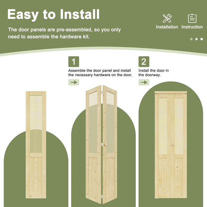 CRUTOP Rattan Bifold Closet Door, Cane Webbing Wood Interior Wicker Doors Slab, Build Quality Folding Barn Door ( Panels & Hardware & Fascia & Knob)，Pane