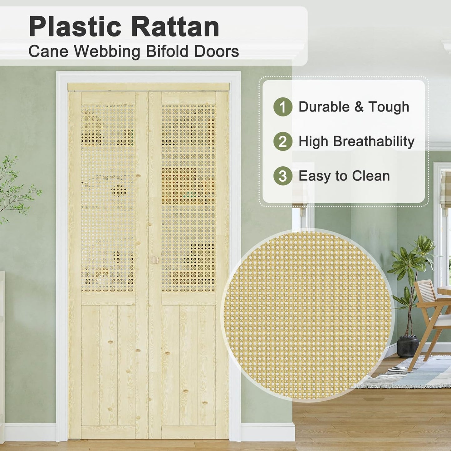 CRUTOP Rattan Bifold Closet Door, Cane Webbing Wood Interior Wicker Doors Slab, Build Quality Folding Barn Door ( Panels & Hardware & Fascia & Knob)，Pane