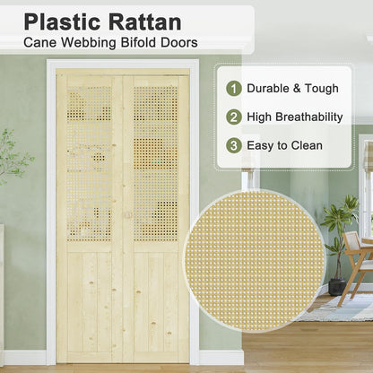 CRUTOP Rattan Bifold Closet Door, Cane Webbing Wood Interior Wicker Doors Slab, Build Quality Folding Barn Door ( Panels & Hardware & Fascia & Knob)，Pane