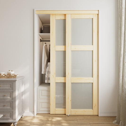 CRUTOP Pine Wood Sliding Closet Door, Fingerprint-Resistant 3-Lite Tempered Frosted Glass with Good Privacy & Water-Resistant Frame, Build Quality (Pre-assembled Panels with Hardware Kit)