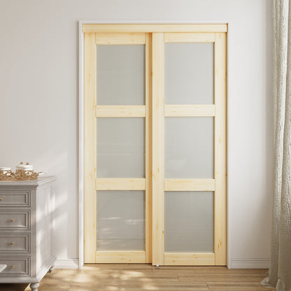 CRUTOP Pine Wood Sliding Closet Door, Fingerprint-Resistant 3-Lite Tempered Frosted Glass with Good Privacy & Water-Resistant Frame, Build Quality (Pre-assembled Panels with Hardware Kit)