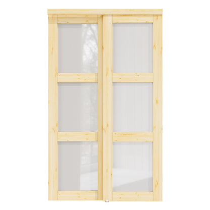 CRUTOP Pine Wood Sliding Closet Door, Fingerprint-Resistant 3-Lite Tempered Frosted Glass with Good Privacy & Water-Resistant Frame, Build Quality (Pre-assembled Panels with Hardware Kit)