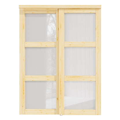 CRUTOP Pine Wood Sliding Closet Door, Fingerprint-Resistant 3-Lite Tempered Frosted Glass with Good Privacy & Water-Resistant Frame, Build Quality (Pre-assembled Panels with Hardware Kit)