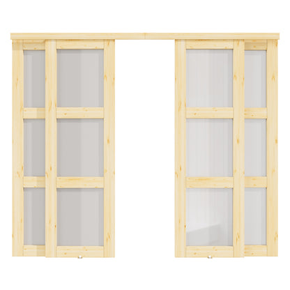 CRUTOP Pine Wood Sliding Closet Door, Fingerprint-Resistant 3-Lite Tempered Frosted Glass with Good Privacy & Water-Resistant Frame, Build Quality (Pre-assembled Panels with Hardware Kit)