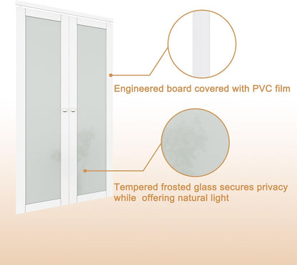 CRUTOP  3-Lite Tempered Frosted Glass Pivot Swing Door for Pantry Laundry with Pivot Hardware, Double Doors for Closet, Bifold Door Alternative - White