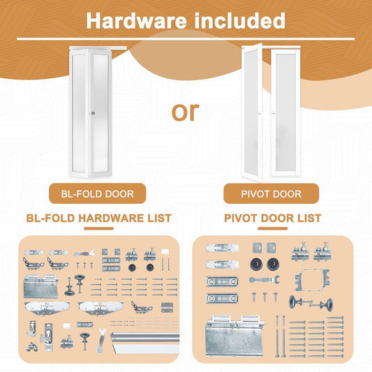 CRUTOP  6-Lite Tempered Frosted Glass Pivot Swing Door for Pantry Laundry with Pivot Hardware, Double Doors for Closet, Bifold Door Alternative - White