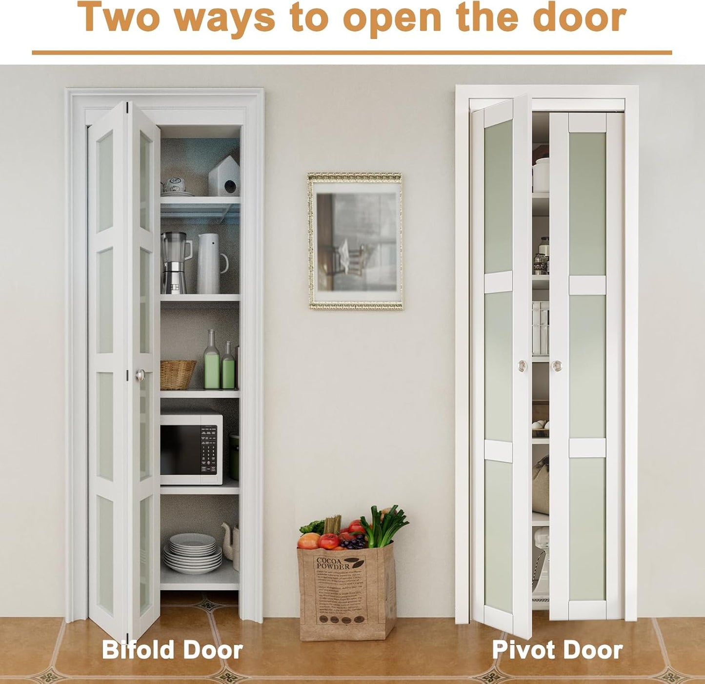 CRUTOP  3-Lite Tempered Frosted Glass Pivot Swing Door for Pantry Laundry with Pivot Hardware, Double Doors for Closet, Bifold Door Alternative - White