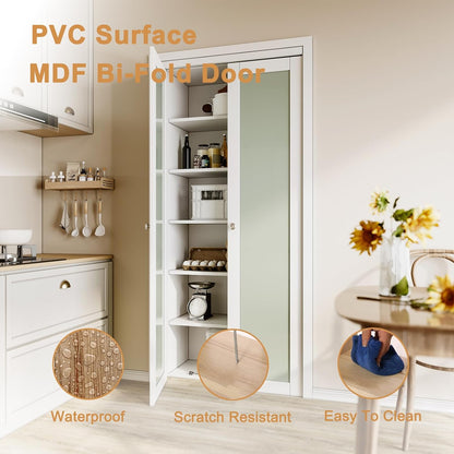 CRUTOP  3-Lite Tempered Frosted Glass Pivot Swing Door for Pantry Laundry with Pivot Hardware, Double Doors for Closet, Bifold Door Alternative - White