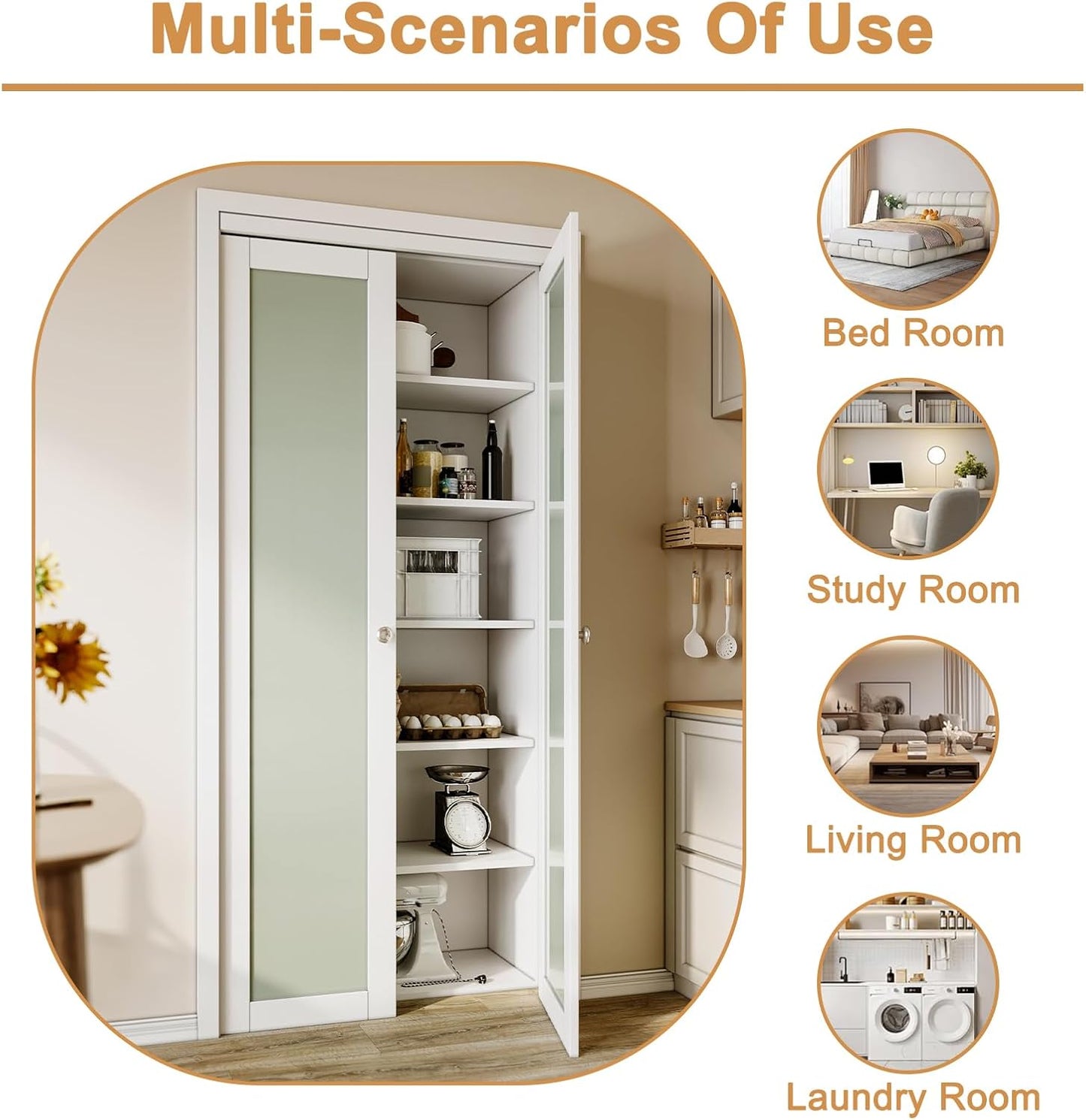 CRUTOP  3-Lite Tempered Frosted Glass Pivot Swing Door for Pantry Laundry with Pivot Hardware, Double Doors for Closet, Bifold Door Alternative - White