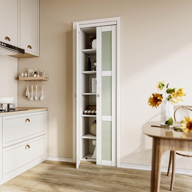 CRUTOP Bi-Fold Pivot Doors , 3-Lite Tempered Frosted Glass Closet Door with Hardware Kit, MDF Panel Folding Interior Double Doors Easy to Install - White