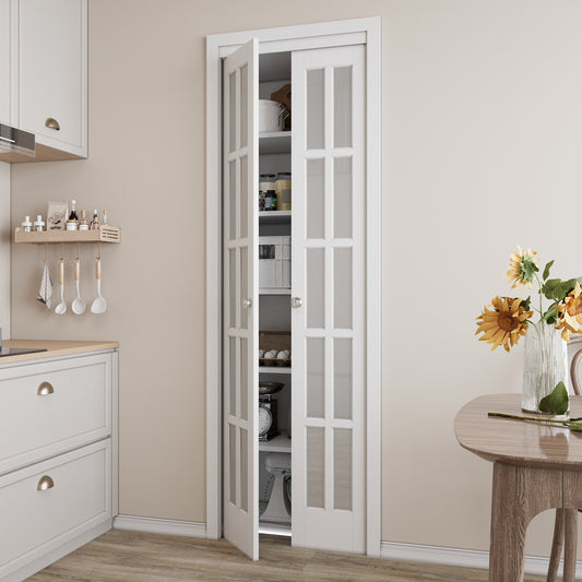 CRUTOP Bi-Fold Pivot Doors , 10-Lite Tempered Frosted Glass Closet Door with Hardware Kit, MDF Panel Folding Interior Double Doors Easy to Install - White