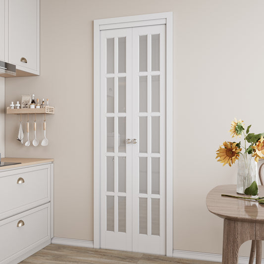 CRUTOP Bi-Fold Pivot Doors , 10-Lite Tempered Frosted Glass Closet Door with Hardware Kit, MDF Panel Folding Interior Double Doors Easy to Install - White