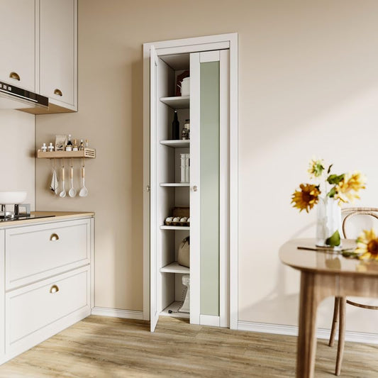 CRUTOP Bi-Fold Pivot Doors , Tempered Frosted Glass Closet Door with Hardware Kit, MDF Panel Folding Interior Double Doors Easy to Install - White