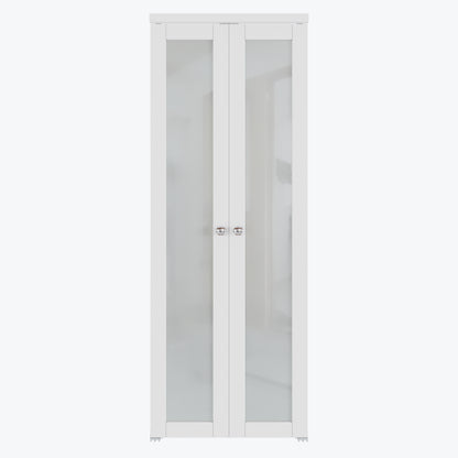 CRUTOP  1-Lite Tempered Frosted Glass Pivot Swing Door for Pantry Laundry with Pivot Hardware, Double Doors for Closet, Bifold Door Alternative - White