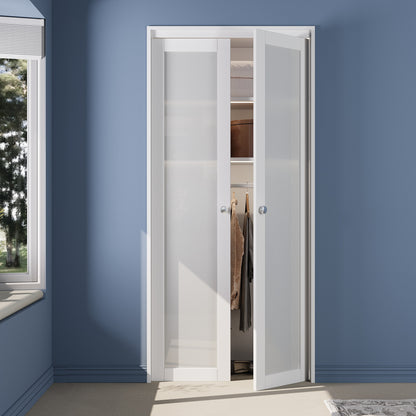 CRUTOP  1-Lite Tempered Frosted Glass Pivot Swing Door for Pantry Laundry with Pivot Hardware, Double Doors for Closet, Bifold Door Alternative - White