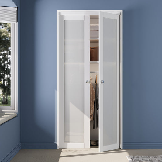 CRUTOP  1-Lite Tempered Frosted Glass Pivot Swing Door for Pantry Laundry with Pivot Hardware, Double Doors for Closet, Bifold Door Alternative - White