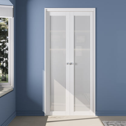 CRUTOP  1-Lite Tempered Frosted Glass Pivot Swing Door for Pantry Laundry with Pivot Hardware, Double Doors for Closet, Bifold Door Alternative - White