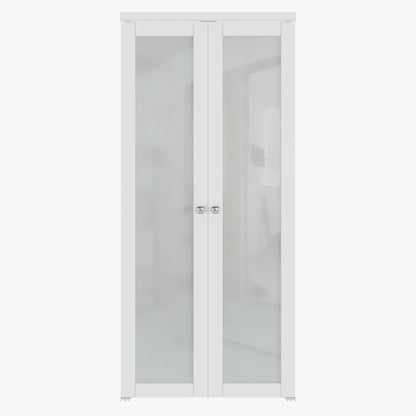 CRUTOP  1-Lite Tempered Frosted Glass Pivot Swing Door for Pantry Laundry with Pivot Hardware, Double Doors for Closet, Bifold Door Alternative - White
