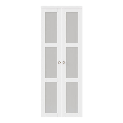 CRUTOP  3-Lite Tempered Frosted Glass Pivot Swing Door for Pantry Laundry with Pivot Hardware, Double Doors for Closet, Bifold Door Alternative - White