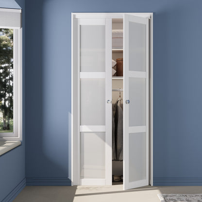 CRUTOP  3-Lite Tempered Frosted Glass Pivot Swing Door for Pantry Laundry with Pivot Hardware, Double Doors for Closet, Bifold Door Alternative - White